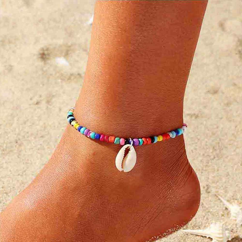 极速Anklet tempelrament colorful rice bead pendant shell ank