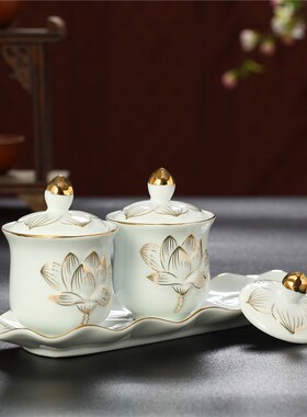 极速白色浮雕莲花三连杯供佛堂前供杯圣水M杯佛前净水杯供贡水杯