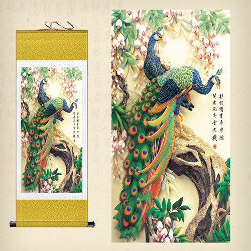 新品包邮国画花鸟孔雀o图卷轴画客厅卧室装饰挂画立轴条幅丝绸画