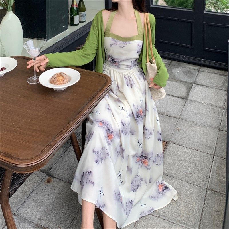 极速新中a式复古风内搭挂颈吊带裙搭配长袖小衫显瘦两件式套装内