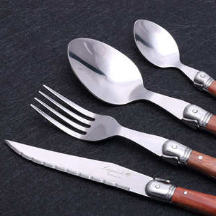 西餐餐具全套锯齿牛排刀叉盘子套装高档木柄刀叉勺子24件套不锈钢