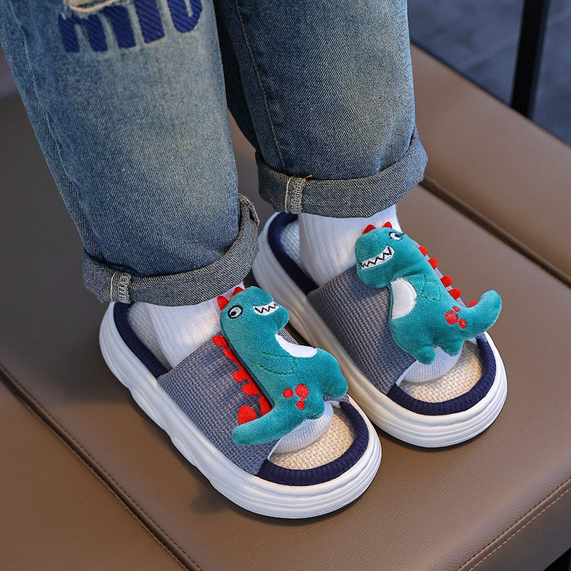 儿童拖鞋男童亚麻秋冬季恐龙中大防滑室内家居女童软底四季棉拖鞋