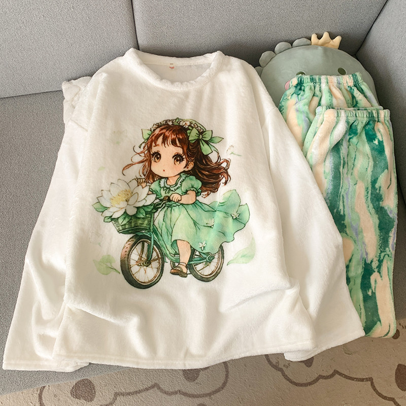 冬天睡衣女软绵绵法兰绒加厚保暖长袖长裤学生韩版少女家居服套装