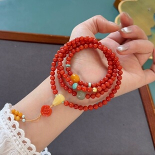 南红手串108颗念珠天然保山红玛瑙柿子红色手链多圈长款项链女款