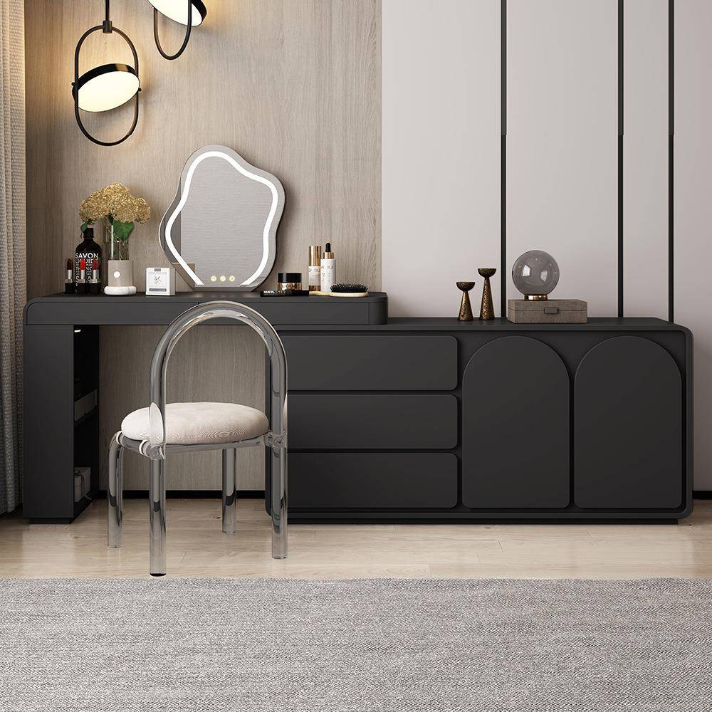 复古风实木梳妆台轻奢高级感转角一体飘窗小户型影楼化妆台桌斗柜