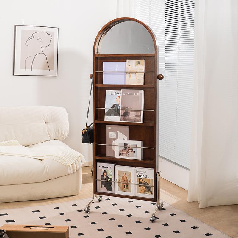 中古穿衣镜带置物架实木可移动全身镜家用杂志收纳储物落地试衣镜