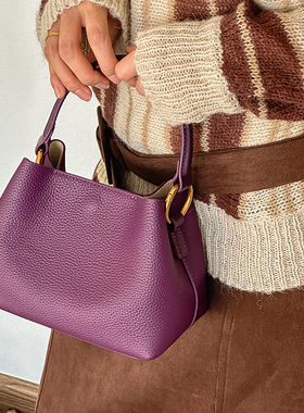 TAWEN 头层牛皮紫色水桶包女2025通勤百搭斜挎包软皮质感手提包包