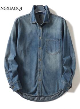 Huangxiaoqi Cowboy春秋新款翻领牛仔衬衫宽松百搭休闲衬衣上衣