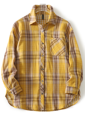 Huangxiaoqi Cowboy新款纯棉双层纱大码衬衫女休闲柔软格子外套