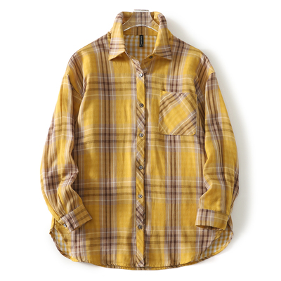 Huangxiaoqi Cowboy新款纯棉双层纱大码衬衫女休闲柔软格子外套