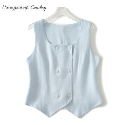 Huangxiaoqi Cowboy新款修身双排扣亚麻马甲女显瘦无袖上衣外穿