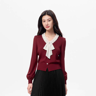 珂莱商场同款2025秋冬季新款女装优雅钉珠系带领香风假两件针织衫