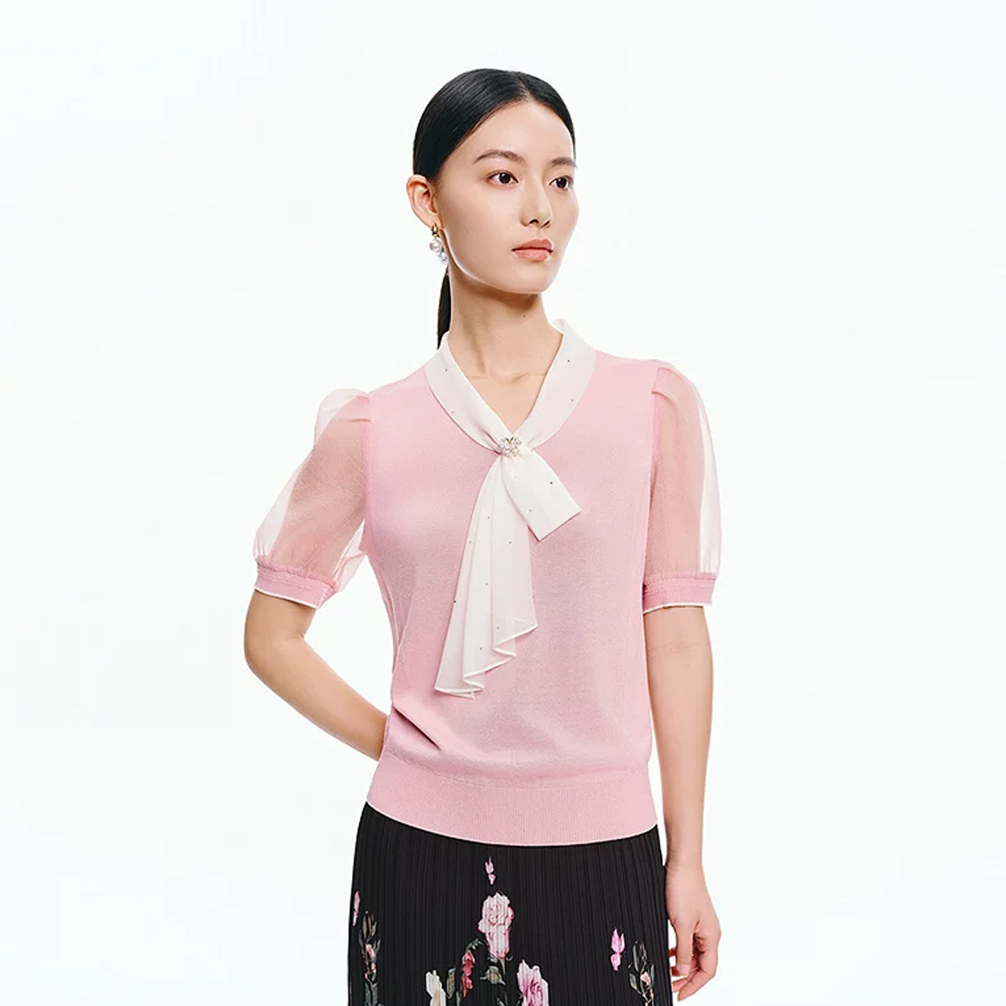 珂莱商场同款2026夏季新款女装气质法式丝带领网纱拼接短袖针织衫