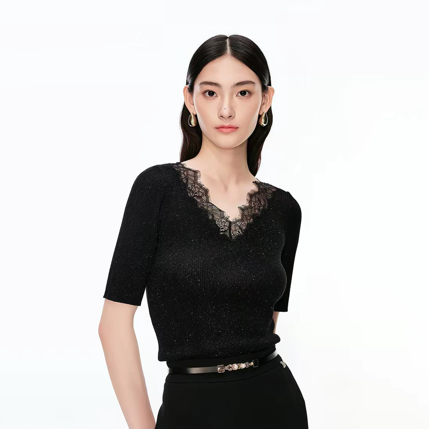 羊毛星光拼接蕾丝短袖针织衫上衣
