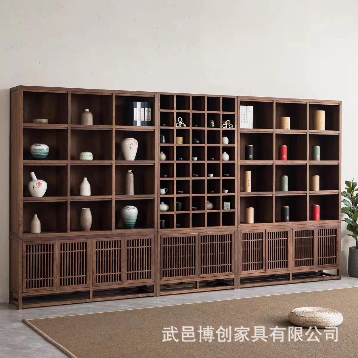 新中式黑胡桃书柜书架满墙老榆木展示柜博古架茶叶柜药柜实木
