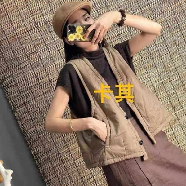 2022秋冬新款纯色宽松大码v领夹棉休闲百搭单排扣二粒扣马甲背心