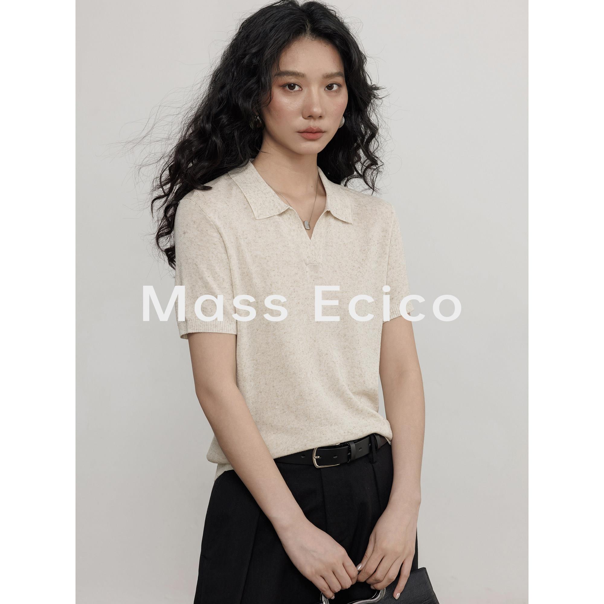 Mass Ecico天丝亚麻翻领显瘦套头针织衫女夏季日常通勤短袖上衣