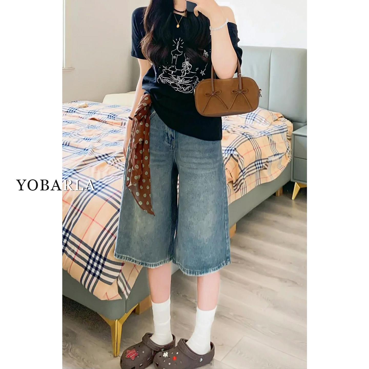 复古阔腿牛仔七分裤女夏季新款胖mm大码梨型身材显瘦宽松直筒短裤