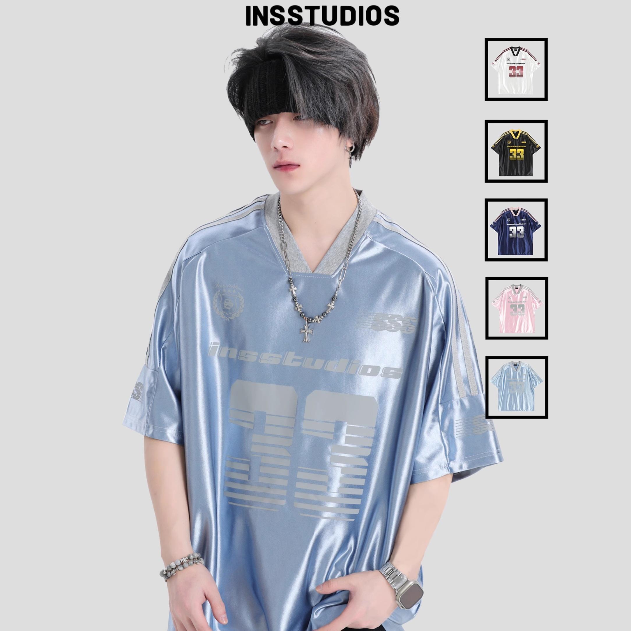 INSstudios 国潮牌情侣美式印花LOGO球衣V领冰球服运动短袖t恤男