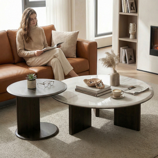 意式轻奢纯天然奢石茶几现代简约客厅设计师高级感大理石圆形茶几