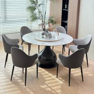 皇家白玉天然奢石餐桌意式轻奢高级感家用圆形大理石餐桌椅带转盘