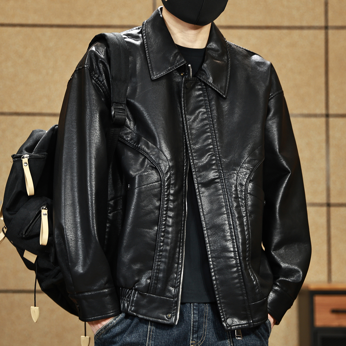 【男士机车皮夹克春秋痞帅男装】