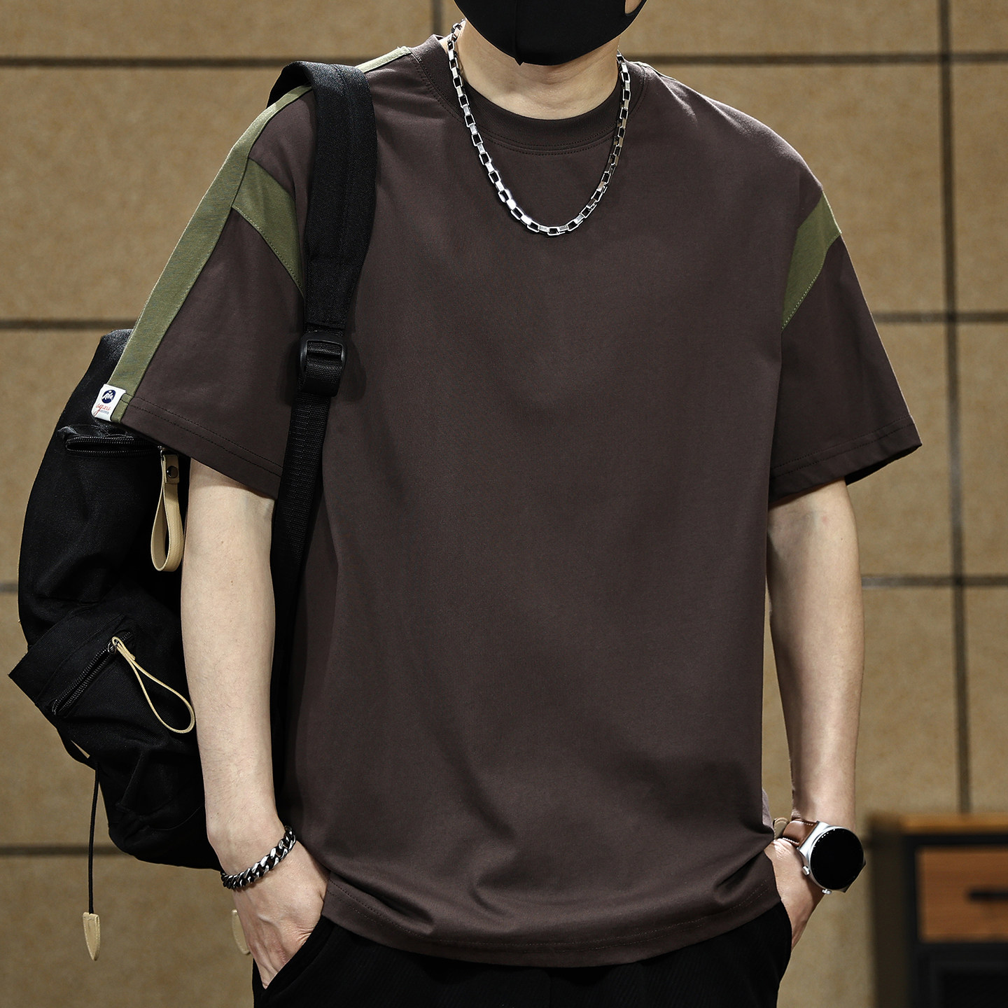 美式撞色拼接重磅短袖T恤男2026夏季潮流宽松大码潮牌纯棉男士T恤,男装,T恤,淘宝优惠券,粉丝福利购,淘宝优惠卷