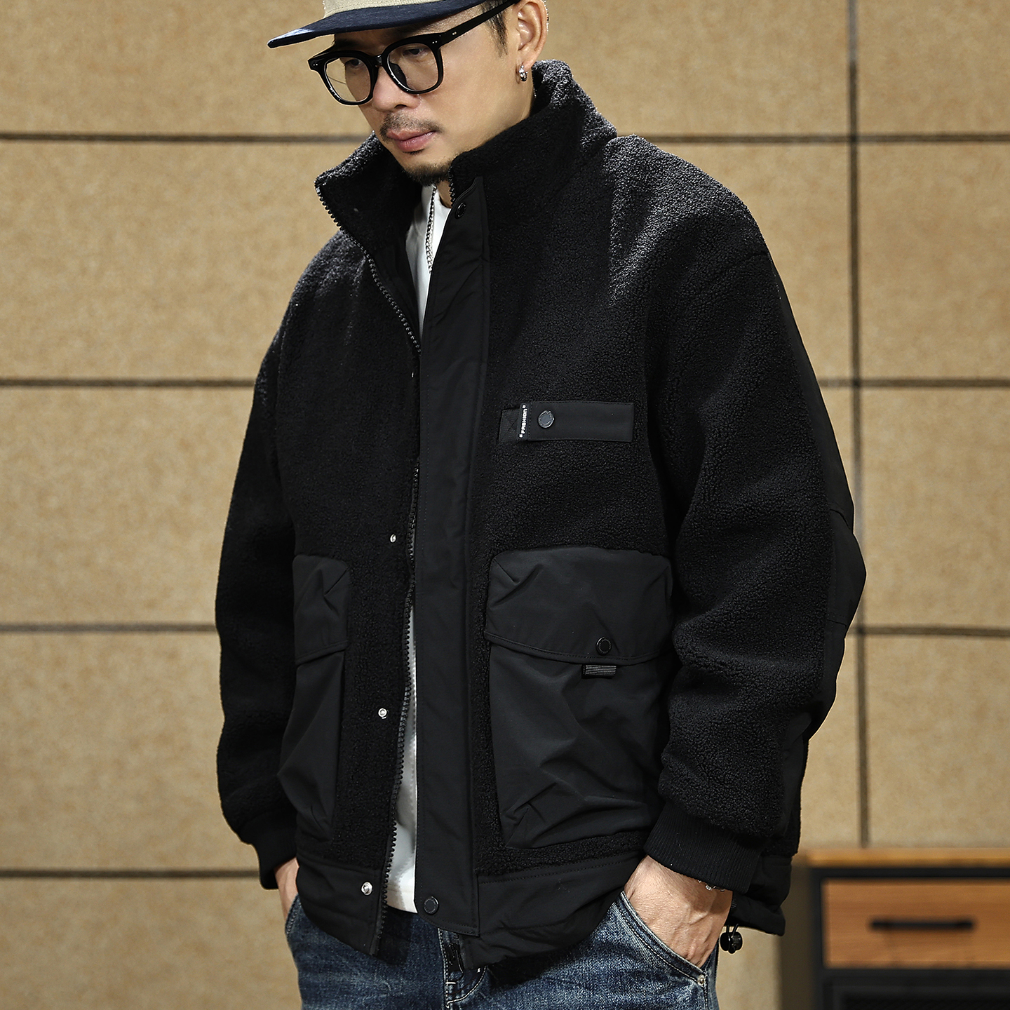 【美式复古羊羔绒棉服夹克男】