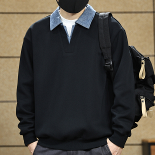 新款 假两件拼接翻领卫衣秋季 宽松领口休闲百搭学院风 复古男士 美式