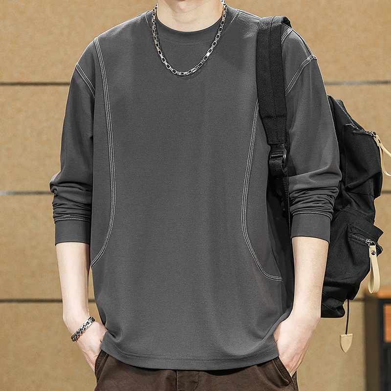 美式复古辑明线拼接长袖T恤男士秋季2025新款宽松潮牌休闲上衣男