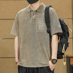 夏季 短袖 t恤潮牌大码 宽松透气体恤 25新款 复古水洗Polo衫 美式 男士