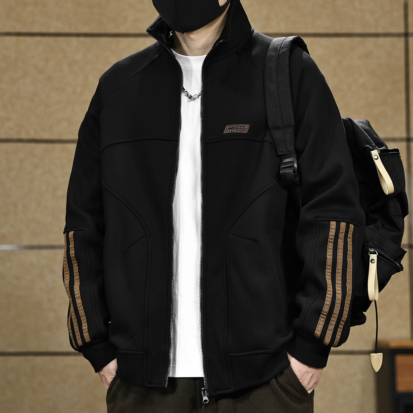 高端美式加绒开衫卫衣男士秋冬季新款潮流立领拼接休闲夹克外套男,男装,卫衣,淘宝优惠券,粉丝福利购,淘宝优惠卷