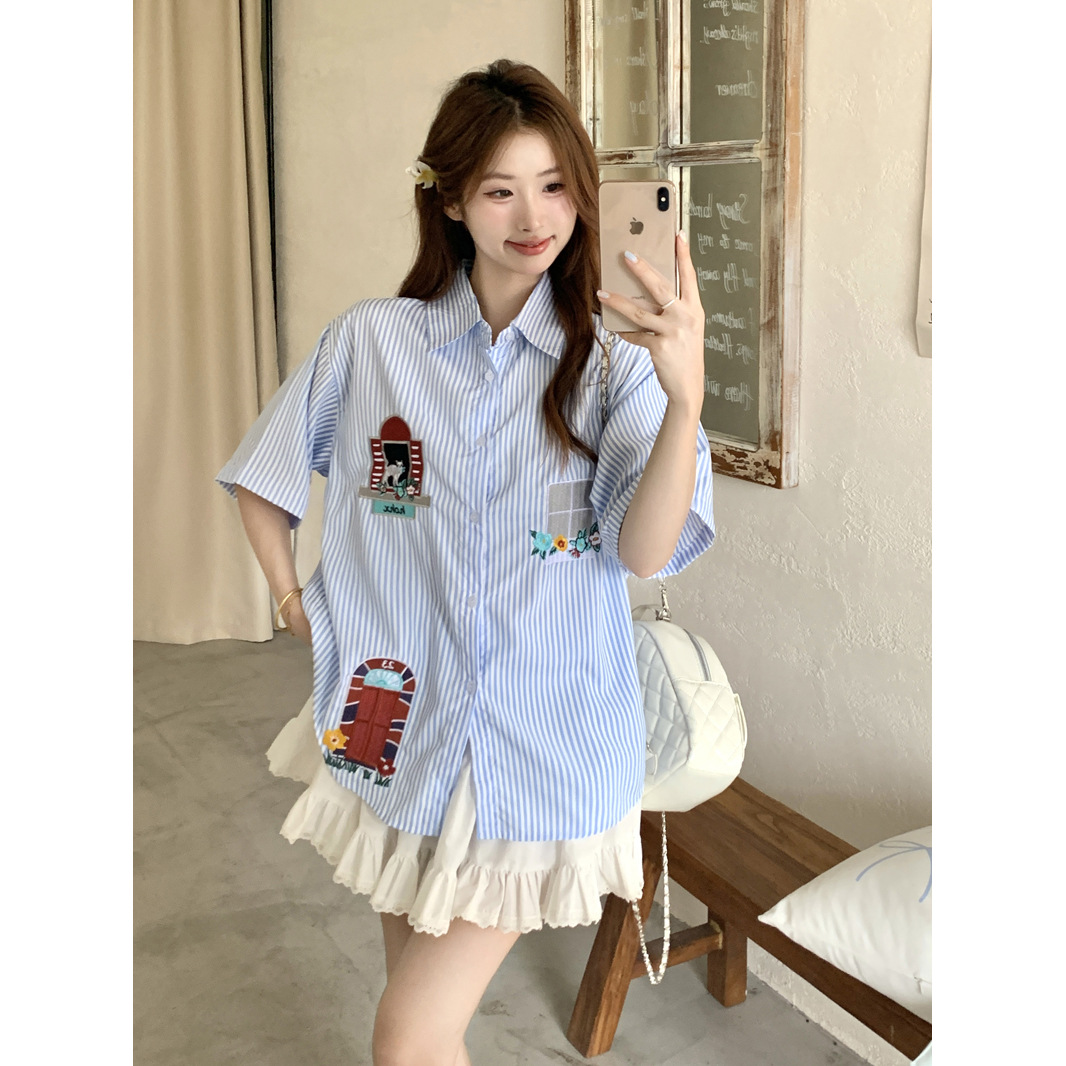 【明星同款】重工刺绣条纹短袖衬衫女休闲夏季百搭别致慵懒感薄上