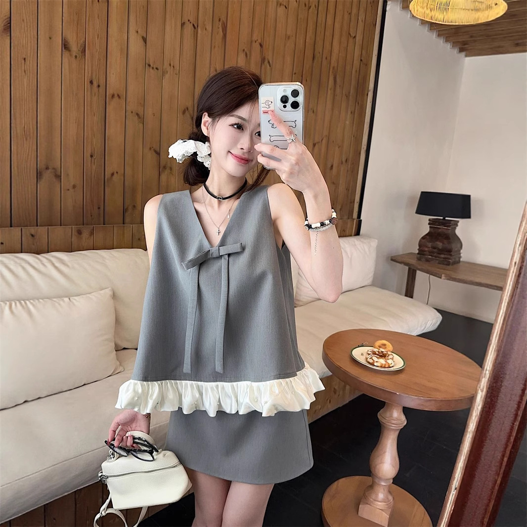 【明星同款】法式夏季女装套装撞色拼接背心西装半身裙女2025夏套