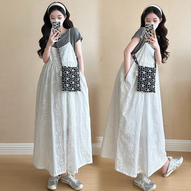 新品夏季b新款孕妇连衣裙套装时尚穿搭洋气刺绣吊带裙两件套中长