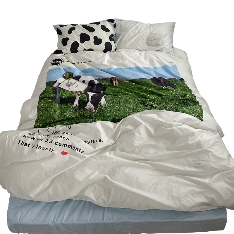 极速insc风高端轻奢全棉奶牛床上四件套全棉床单被套被罩床笠床品
