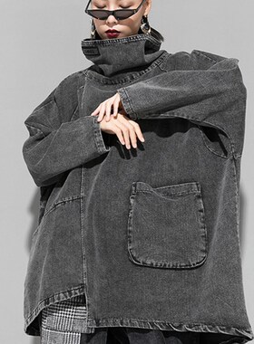 极速[EAM] Loosje Fit Black Denim Big Size Sweatshirt New Hig