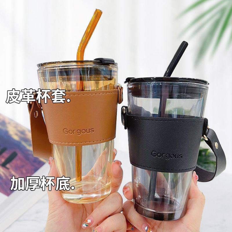 极速便携网红竹节杯吸管式网红A咖啡杯玻璃带皮套复古高颜值学生