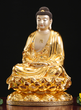 极速铜雕贴金释迦牟尼佛像纯铜释B迦佛三世佛客厅家用娑婆三圣铜