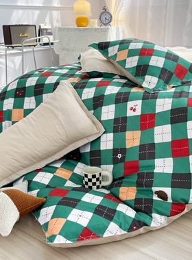 极速床单款格子四件套水洗棉v被套被罩学生宿舍单人床上用品全套