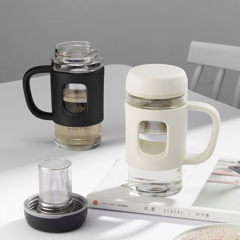 速发新款 把手玻璃杯带盖子办公室喝水杯女夏季简约双层茶水分离