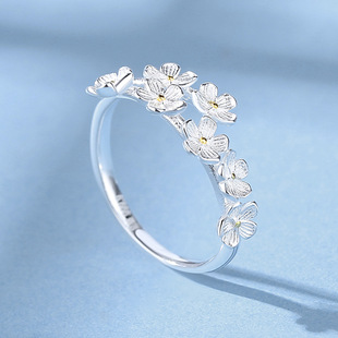 梅花电金足银9999戒指女纯银轻奢小众设计感新中式 小清新开口指环