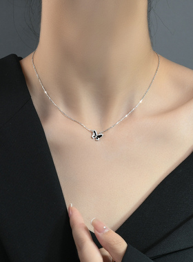 黑色蝴蝶ins925纯银项链女小众设计感锁骨链潮2024年新款
