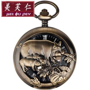 十二生肖属相浮雕机械透底窗罗马数字大表盘复古国潮怀表挂