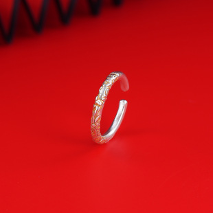 古法描金花神戒指女足银9999级感轻奢新中式 复古风开口纯银指环