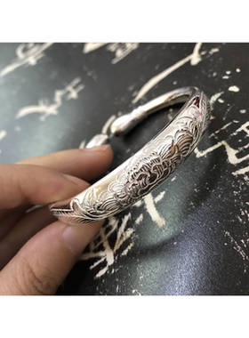 999纯银手镯女款复古实心银手镯民族风盛放牡丹雕花定制纯手工