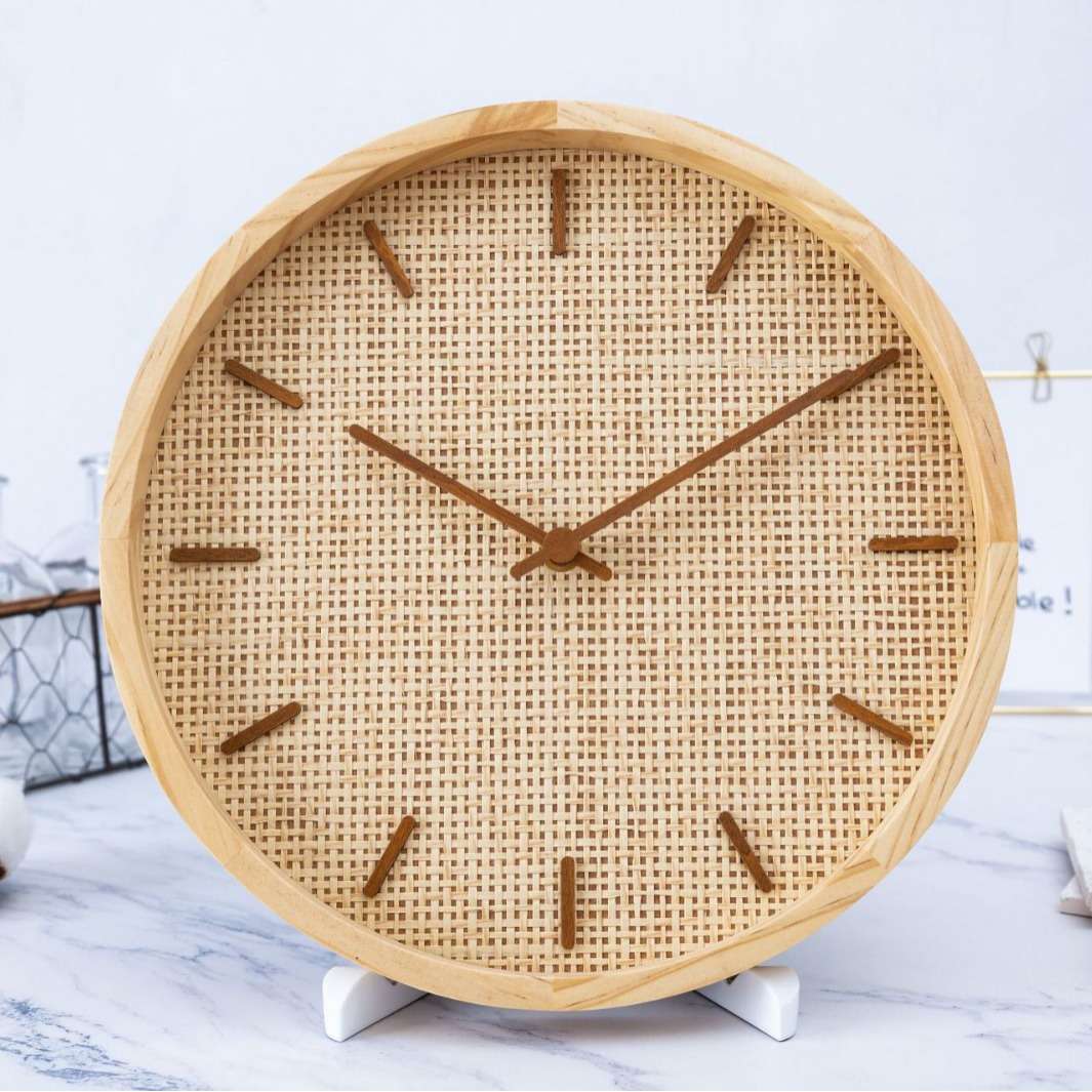 北欧简约风格创意藤编钟面设计客厅卧室装饰挂钟静音时钟