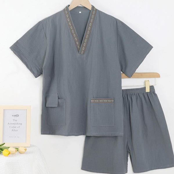 男款新款洗浴客麻温泉服汗蒸服洋气桑拿睡衣纯色足浴女服人棉按摩