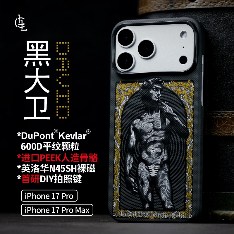 LLC适用苹果iPhone17ProMax黑/金大卫凯夫拉手机壳全包Magsafe磁吸超薄碳纤维纹相机按键保护壳