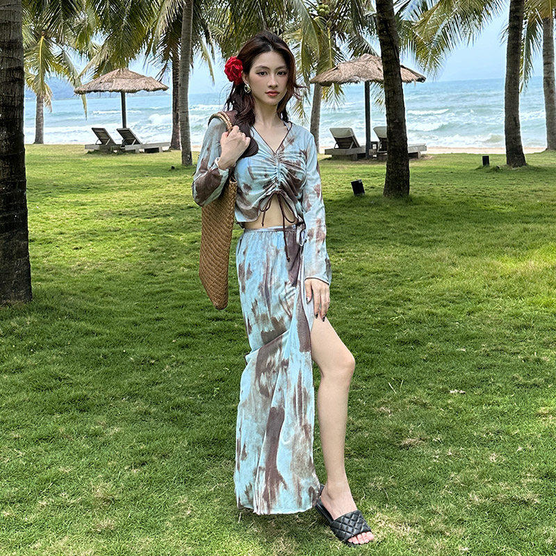 翔微儿大码胖mm泳衣女比基尼四件套分体长裙显瘦遮肉温泉度假泳装